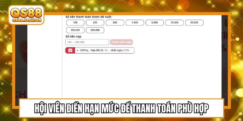 Hội viên điền hạn mức để thanh toán phù hợp